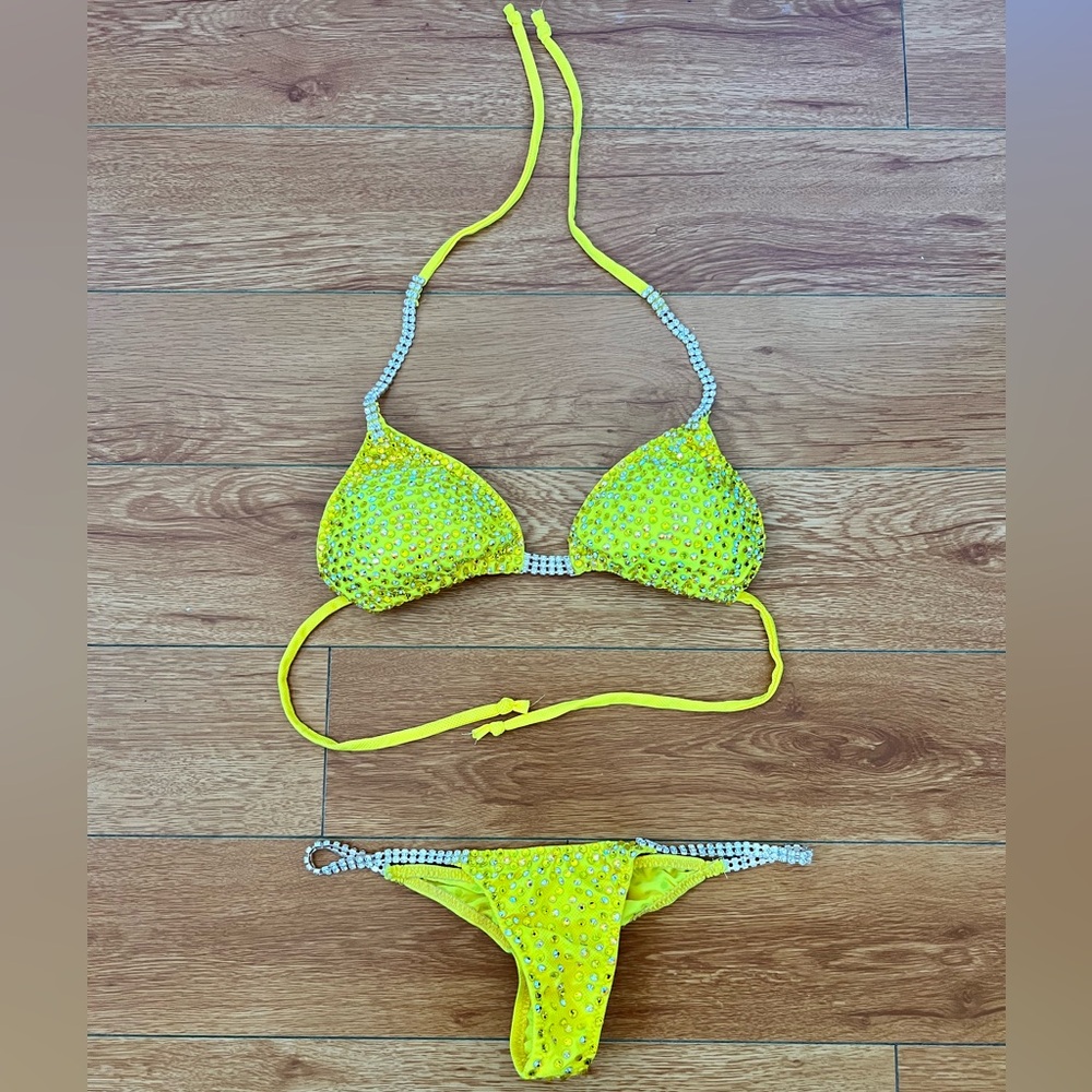 NPC Jagware Yellow Rhinestone Competition Bikini Bodybuilding